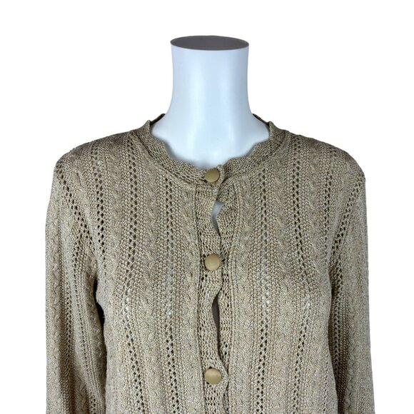 Vintage 80s Tan Cardigan Women's Medium Cable Knit Granny Sweater - Picture 3 of 10